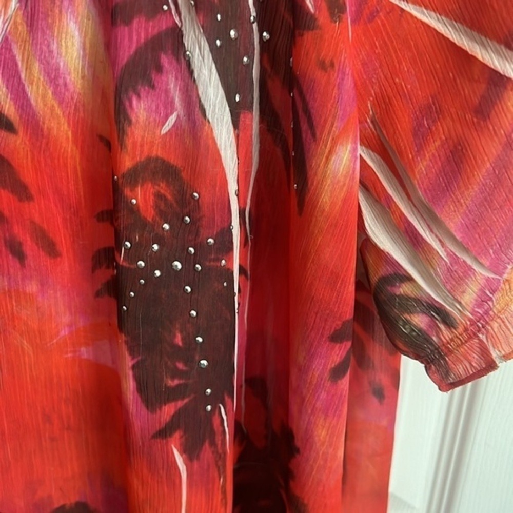 Maurices Palm Tree Blouse Sheer Tie Neck Short Sleeve Red XL - Picture 4 of 10